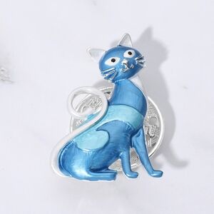 Blue Silver Cat Magnetic Brooch Pin 2.25" Statement Colored Metal Pendant Kitten